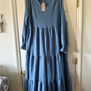 SHEIN Blue Tiered Long Sleeve Dress